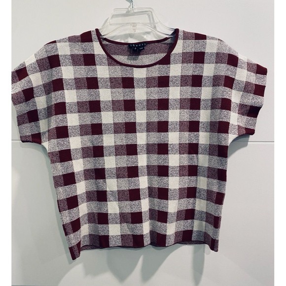 NWOT- THEORY Seblyn Checkered Gingham Designer Crop Top Burgundy & White SM - Picture 1 of 9